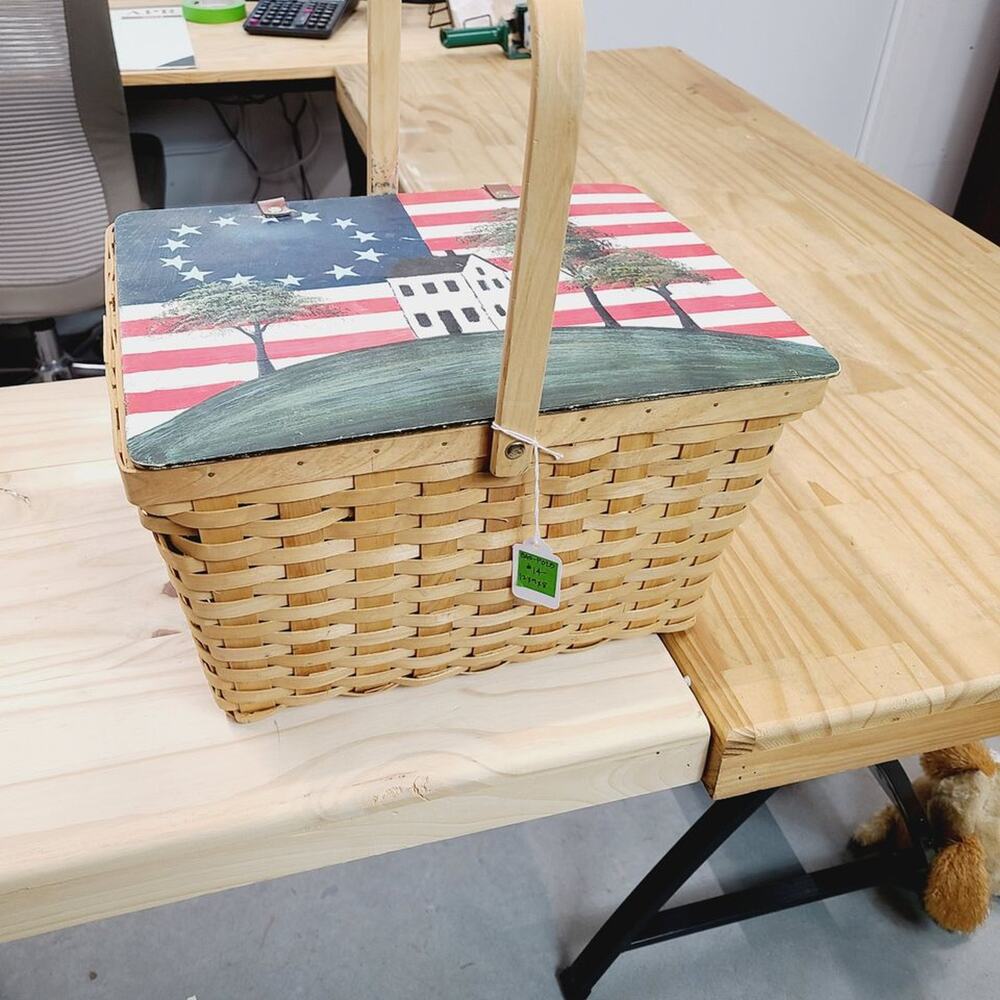 Vintage Hand Painted Woven Wood Basket, Patriotism, Folk Art PRE-OWNED